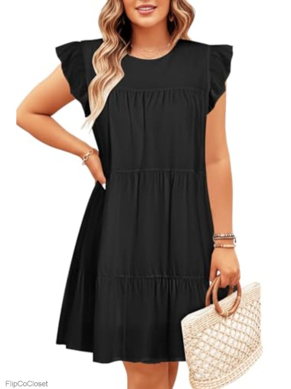 Plus Size Babydoll Dress Ruffle Sleeve Swing Tunic Short Dress Summer